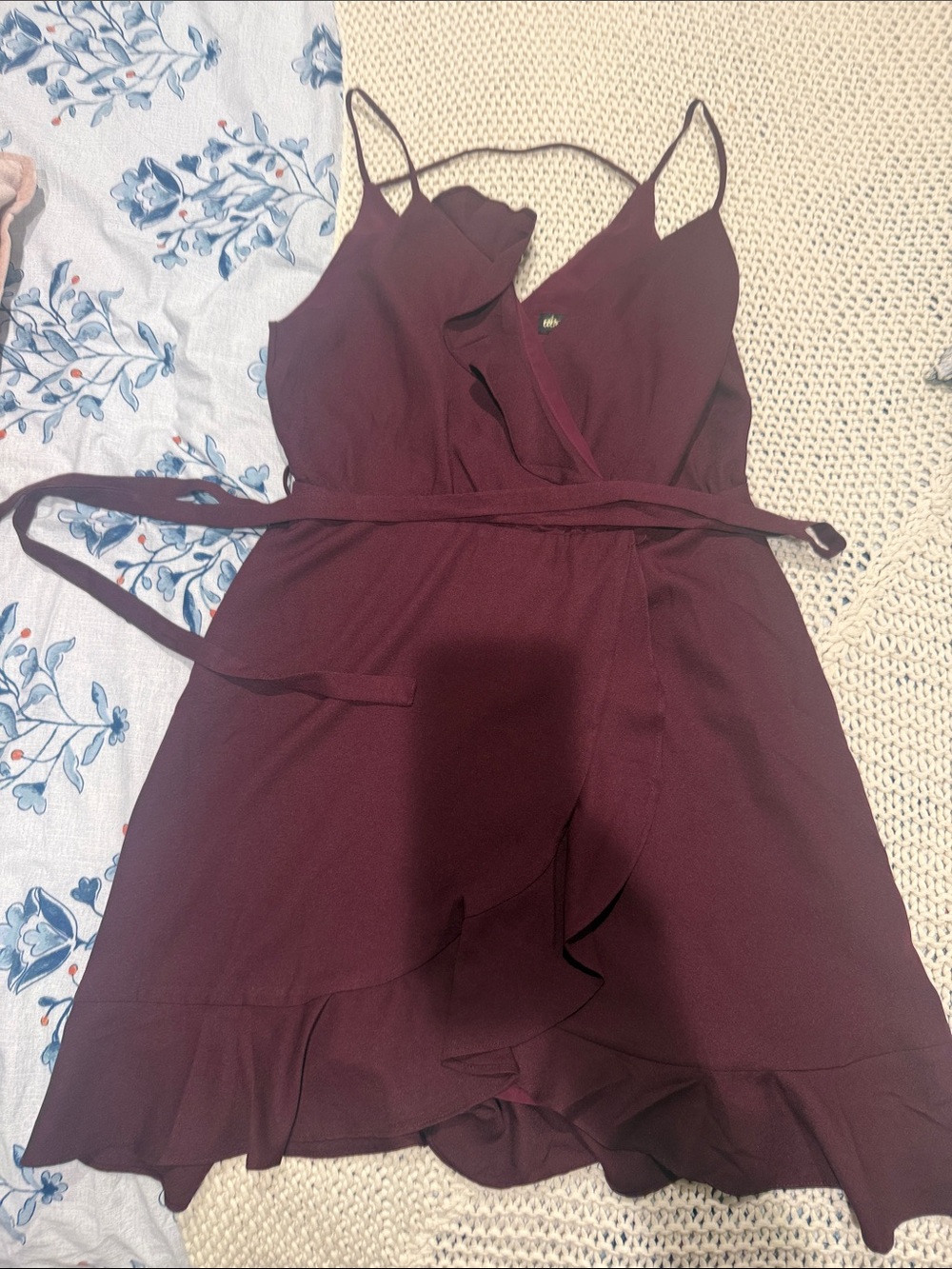 Sleeveless Wrap Mini Dress in Burgundy with Ruffle Hem
